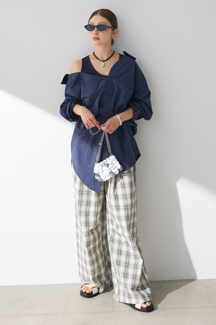 [SET]タンク付きアシメシャツ+タータンチェックワイドパンツ(2set)