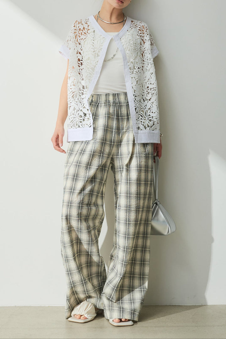 [SET]リネンフラワー鍵編みベスト+タータンチェックワイドパンツ(2set)