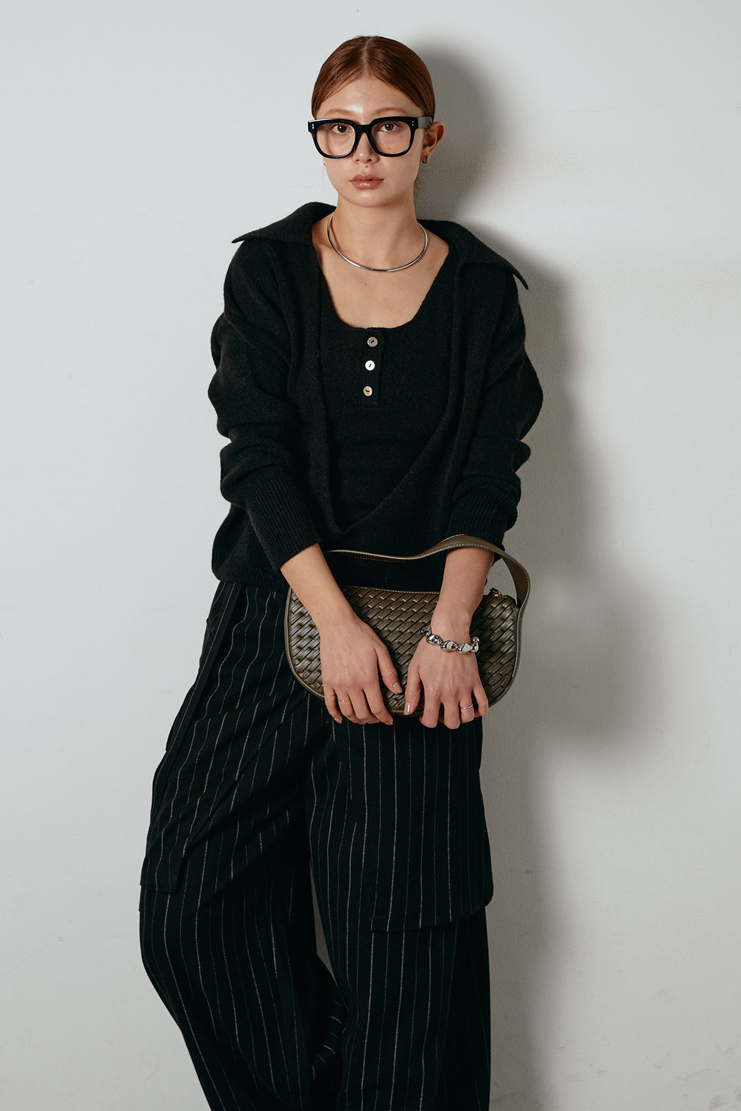 [SET]襟付きレイヤードニットトップス+細ストライプレイヤードデザインパンツ(2set)