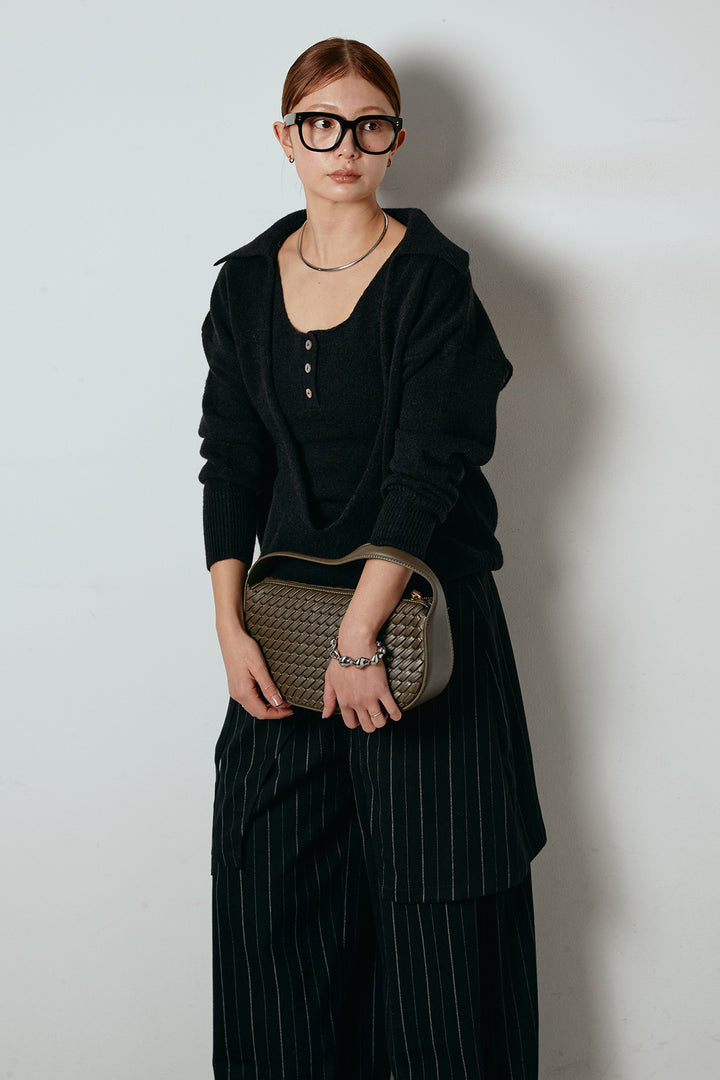 [SET]襟付きレイヤードニットトップス+細ストライプレイヤードデザインパンツ(2set)