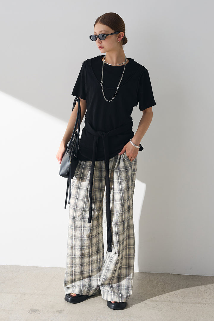 [SET]フロントタイTシャツ+タータンチェックワイドパンツ(2set)