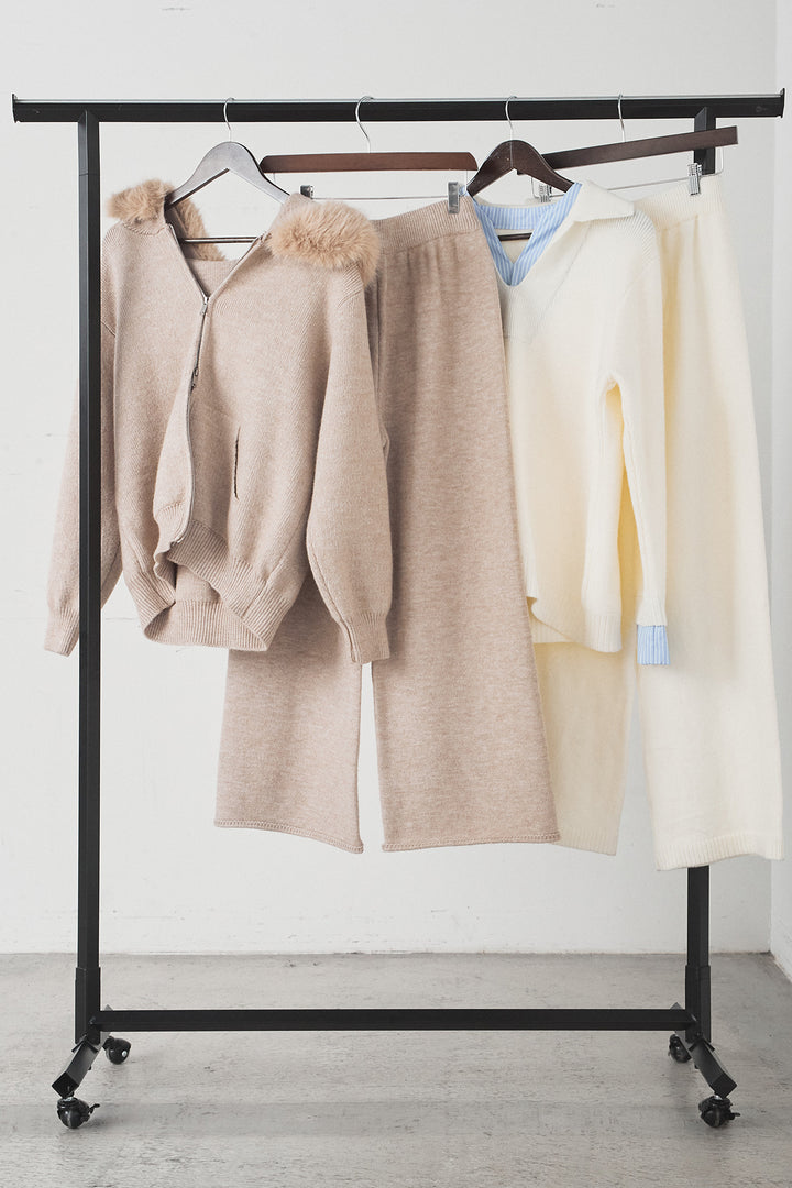 【着回しセット】[SET]ファー付きフーディーニットSETUP+ストライプドッキングニットポロSETUP(2set)