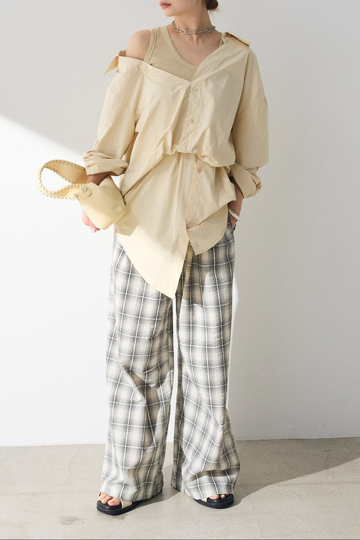 [SET]タンク付きアシメシャツ+タータンチェックワイドパンツ(2set)