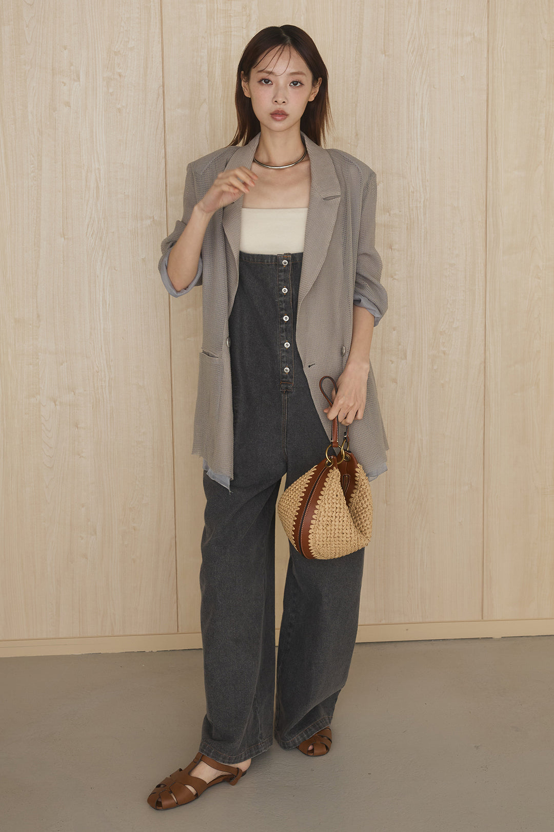 [SET]メッシュテーラードワイドジャケット+フロントボタンデニムサロペット(2set)