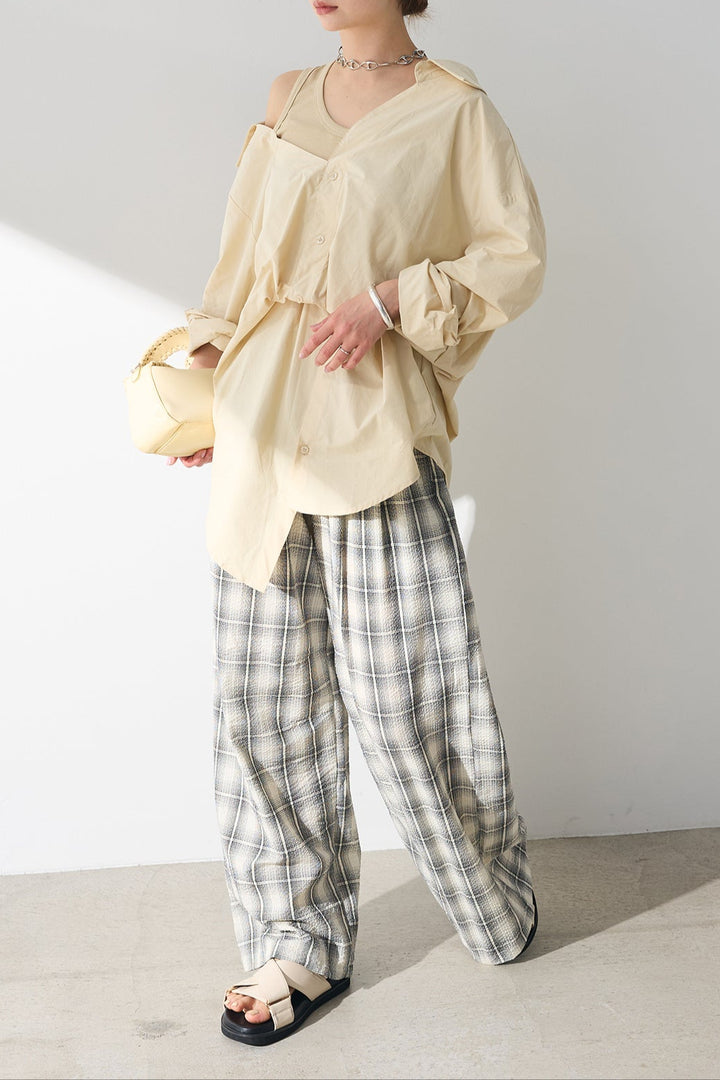 [SET]タンク付きアシメシャツ+タータンチェックワイドパンツ(2set)