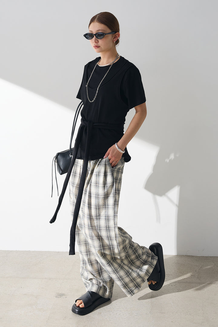 [SET]フロントタイTシャツ+タータンチェックワイドパンツ(2set)