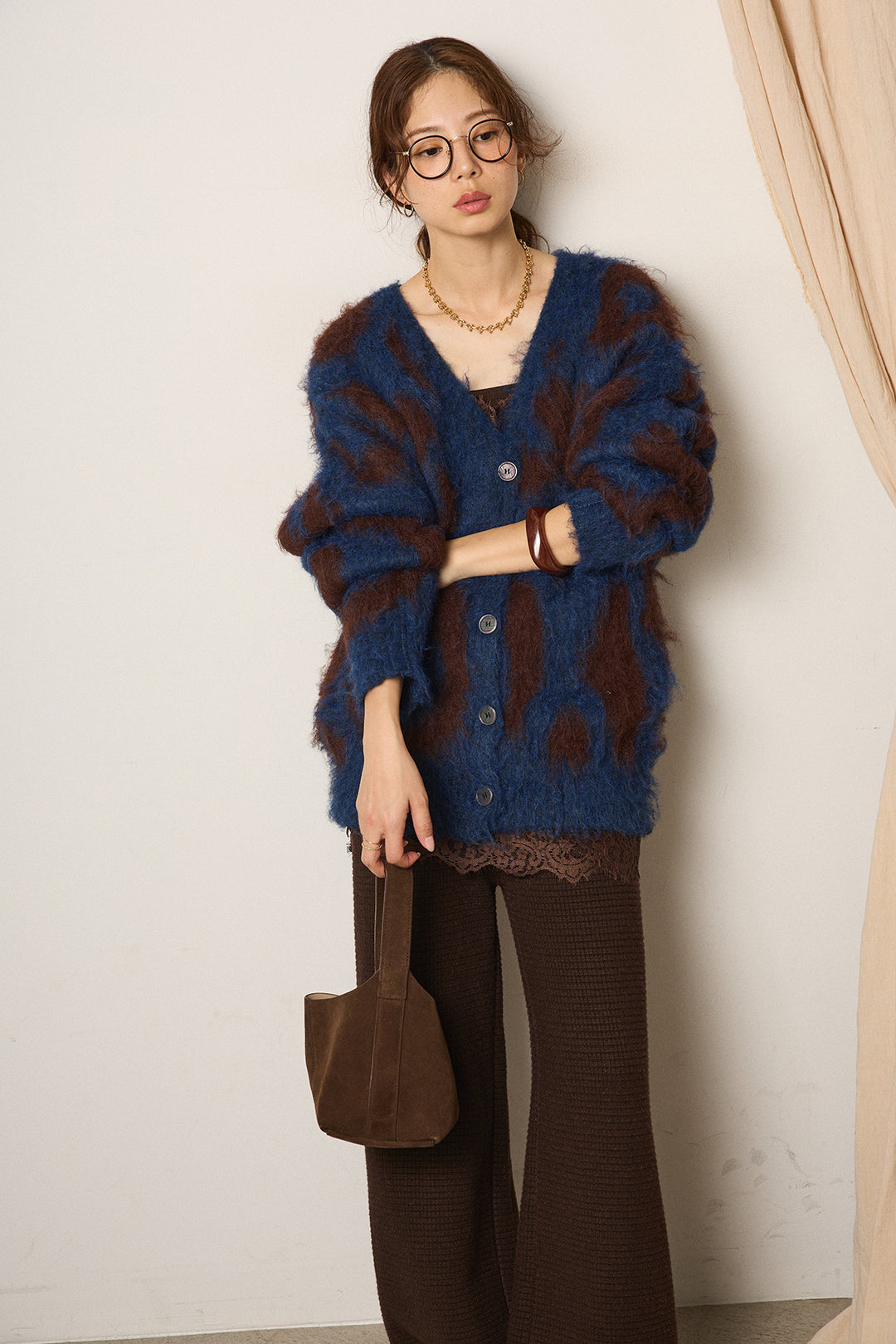 [SET]レオパードシャギータッチカーディガン+レースサテンキャミソール(2set)