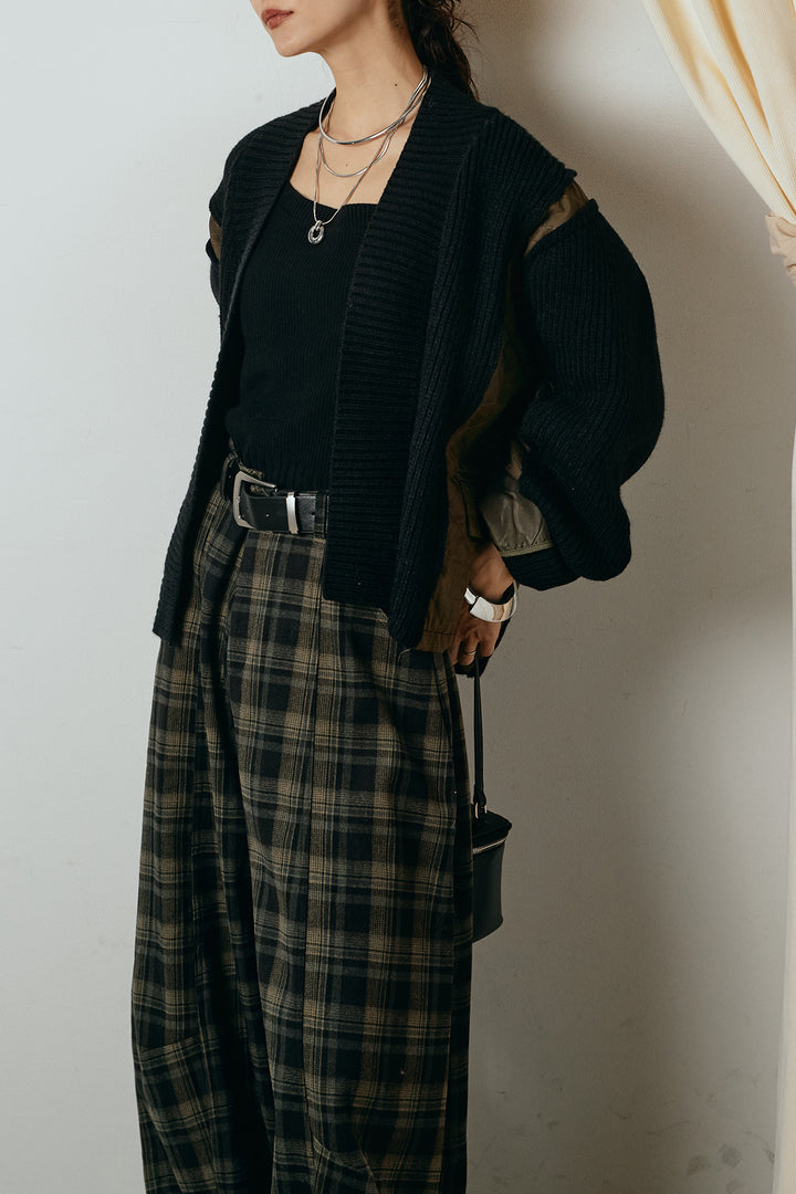 [SET]キルティング切り替えニットカーディガン+ベルト付きタータンチェックカーブワイドパンツ(2set)
