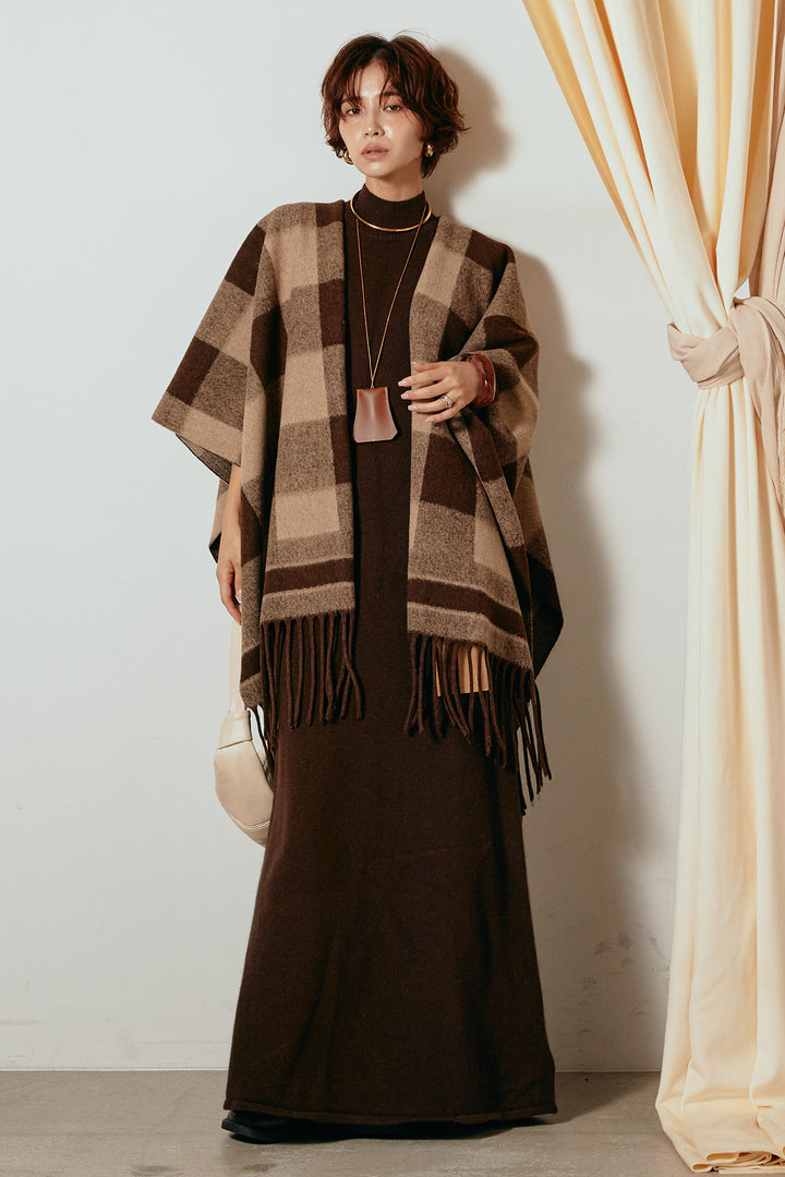 [SET]裾フリンジ柄ポンチョアウター+ノースリーブニットロングワンピース(2set)