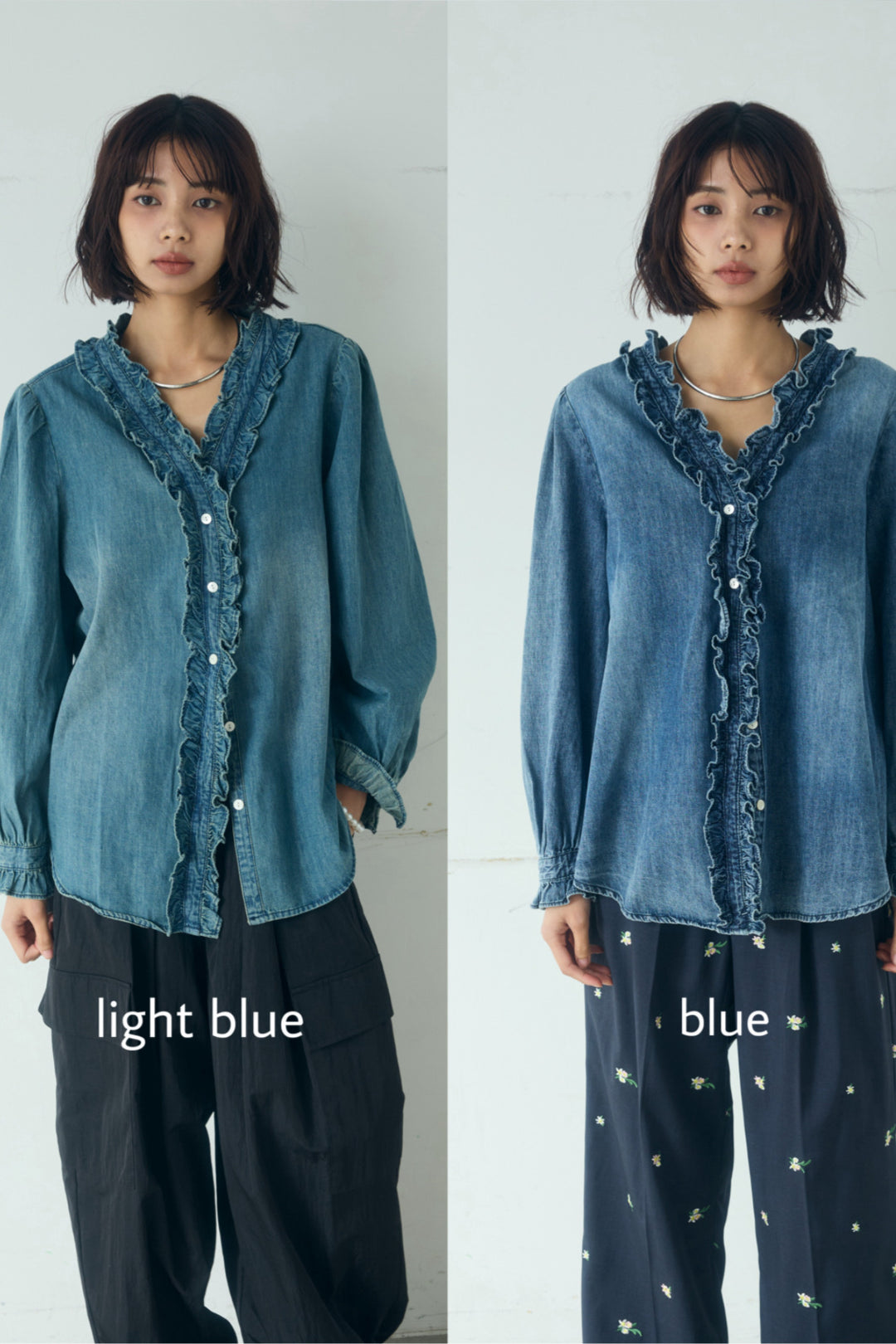 [SET]Vネックデニムフリルトップス+デニムサロペットワイドパンツ(2set)