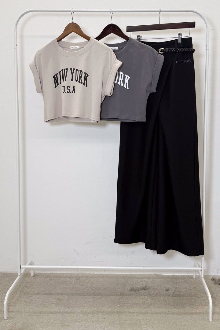 [着回しセット]ショート丈NEWYORKロゴTシャツ+ショート丈NEWYORKロゴTシャツ+ベルト付きクロスデザインパンツ(3set)