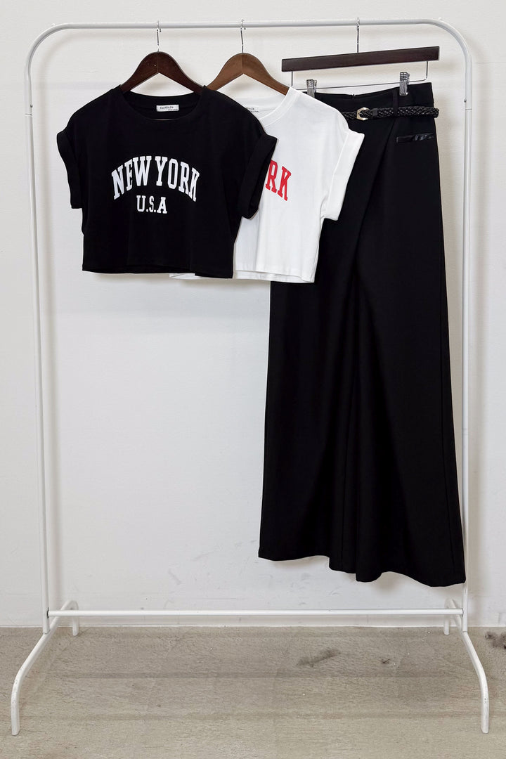 [着回しセット]ショート丈NEWYORKロゴTシャツ+ショート丈NEWYORKロゴTシャツ+ベルト付きクロスデザインパンツ(3set)