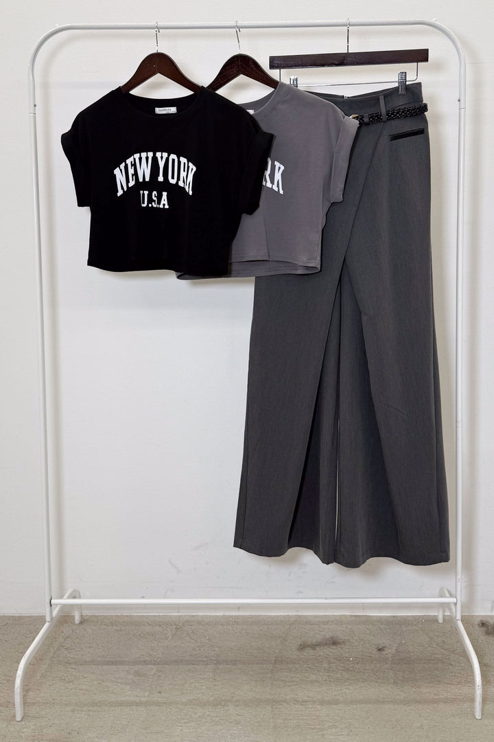 [着回しセット]ショート丈NEWYORKロゴTシャツ+ショート丈NEWYORKロゴTシャツ+ベルト付きクロスデザインパンツ(3set)