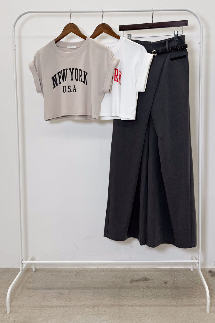 [着回しセット]ショート丈NEWYORKロゴTシャツ+ショート丈NEWYORKロゴTシャツ+ベルト付きクロスデザインパンツ(3set)