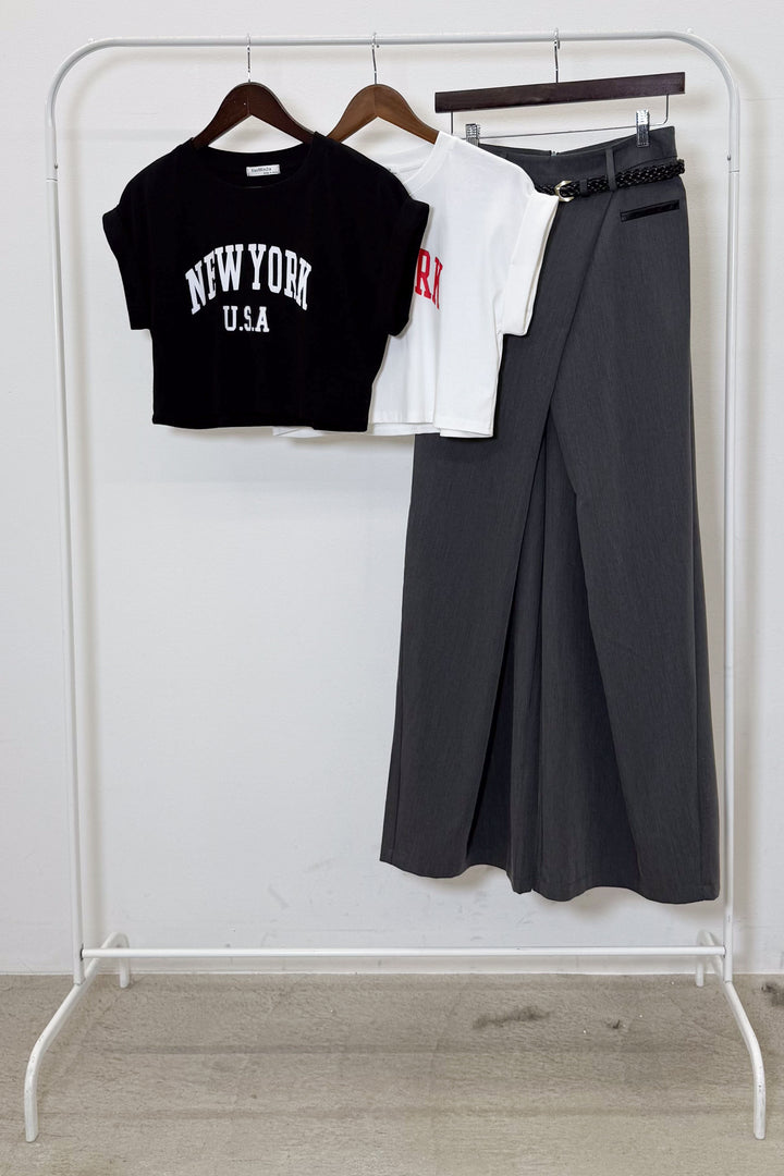 [着回しセット]ショート丈NEWYORKロゴTシャツ+ショート丈NEWYORKロゴTシャツ+ベルト付きクロスデザインパンツ(3set)