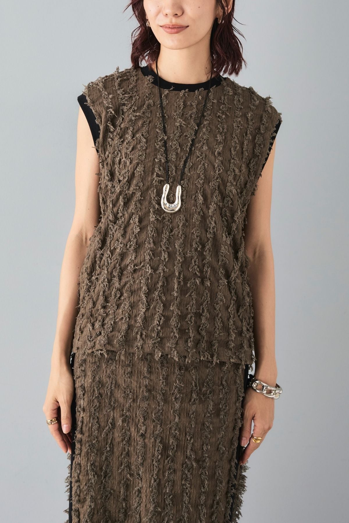 ☆新品未使用☆カットフリンジジャガードトップ・スカートセット♪ SET]フリンジジャガードカットリンガータンク+フリンジジャガード