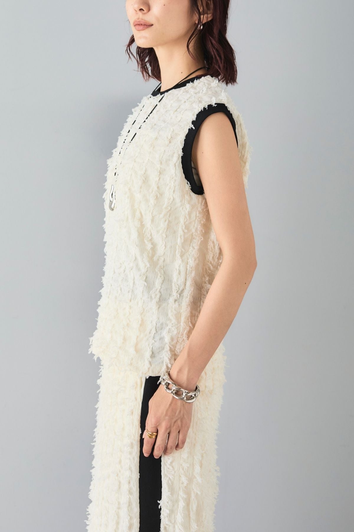 ☆新品未使用☆カットフリンジジャガードトップ・スカートセット♪ SET]フリンジジャガードカットリンガータンク+フリンジジャガード