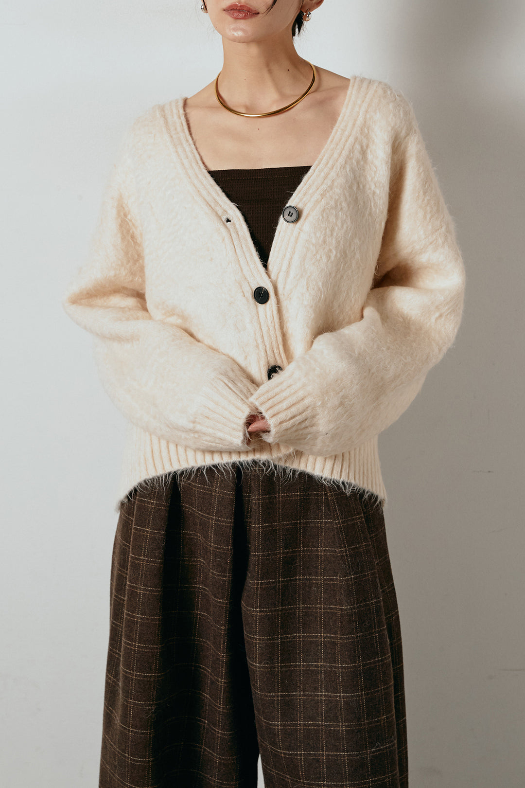 起毛ボタンニットカーディガン/カーキ