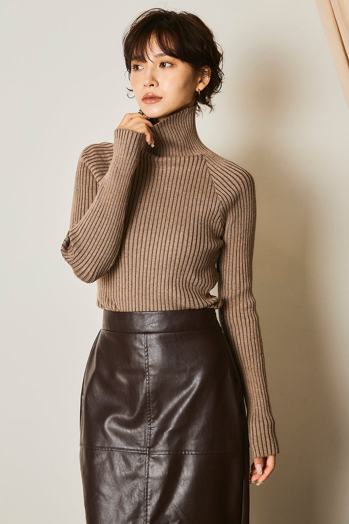 リブニットシームレスタートルプルオーバー
