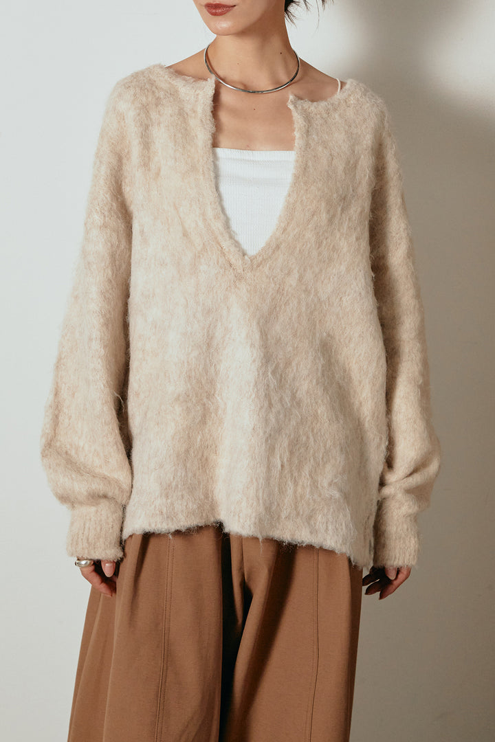 [SET]ミックスシャギー深Vニット+タック入りタータンチェックワイドパンツ(2set)