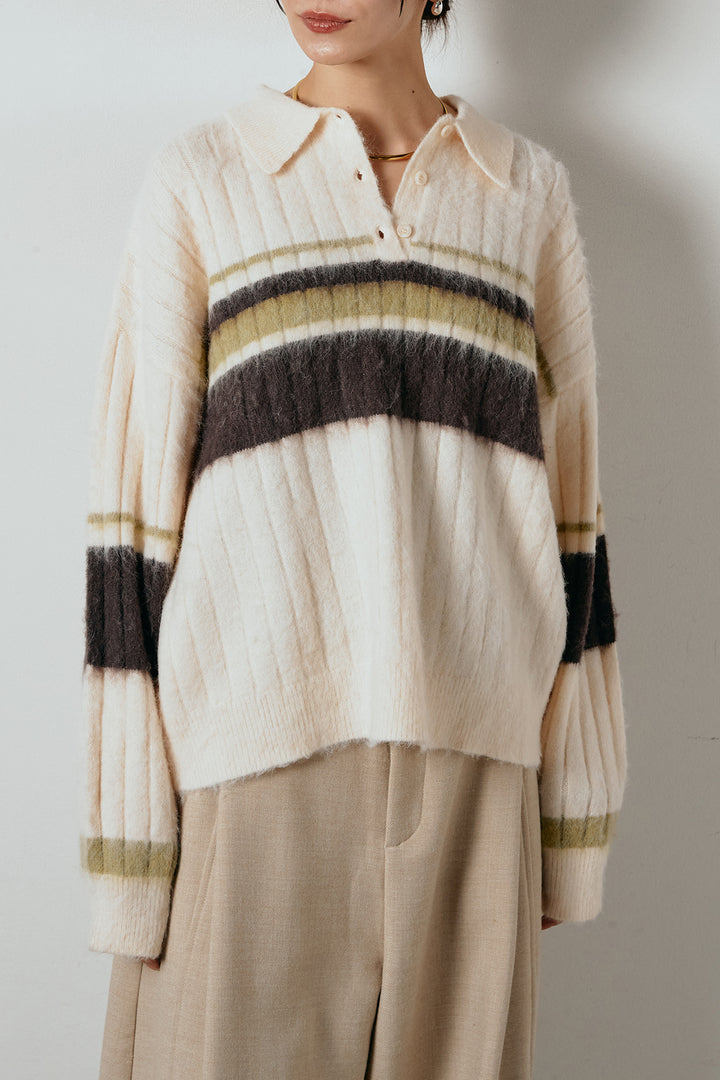 アルパカタッチボーダーポロニット/アイボリー