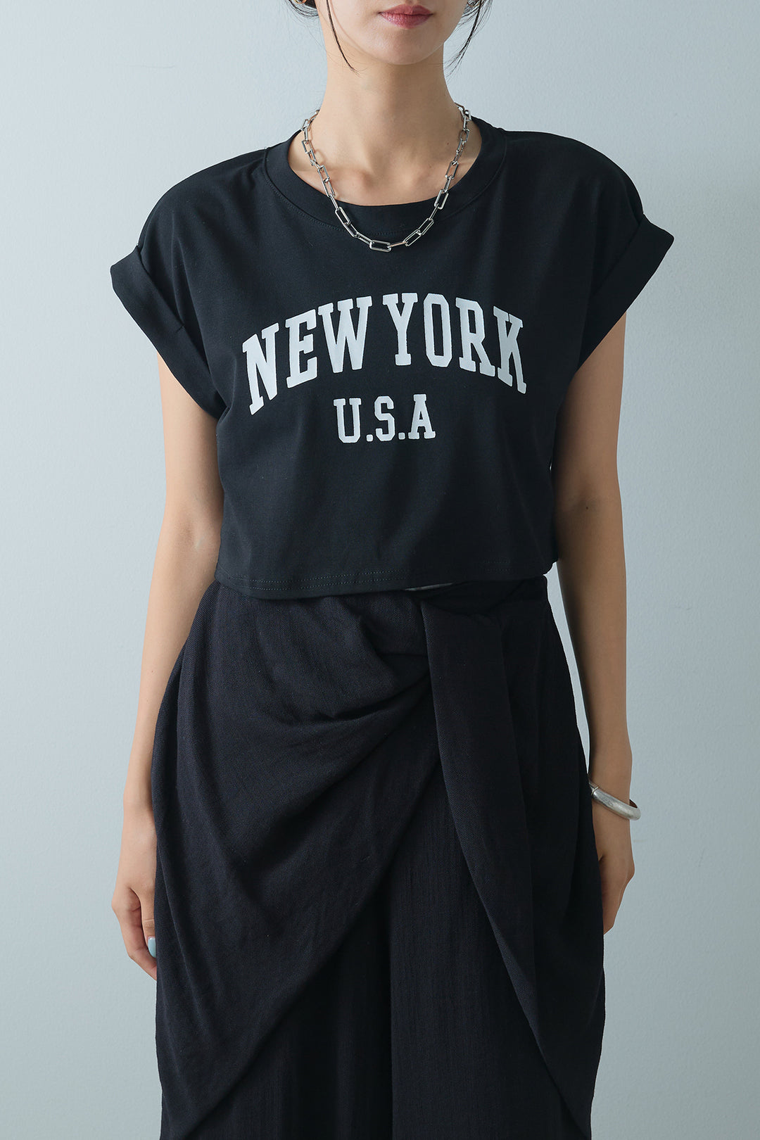 [着回しセット]ショート丈NEWYORKロゴTシャツ+ショート丈NEWYORKロゴTシャツ+ベルト付きクロスデザインパンツ(3set)
