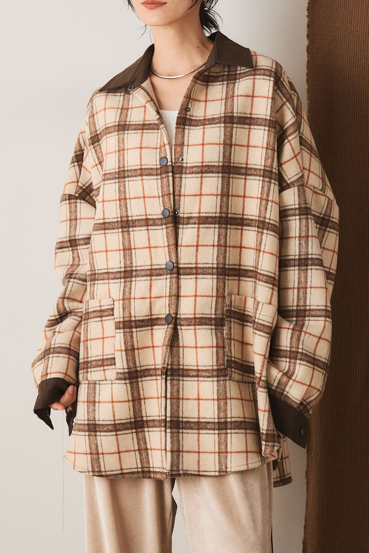 【即納】マルチチェックミディアム丈コート/ベージュ