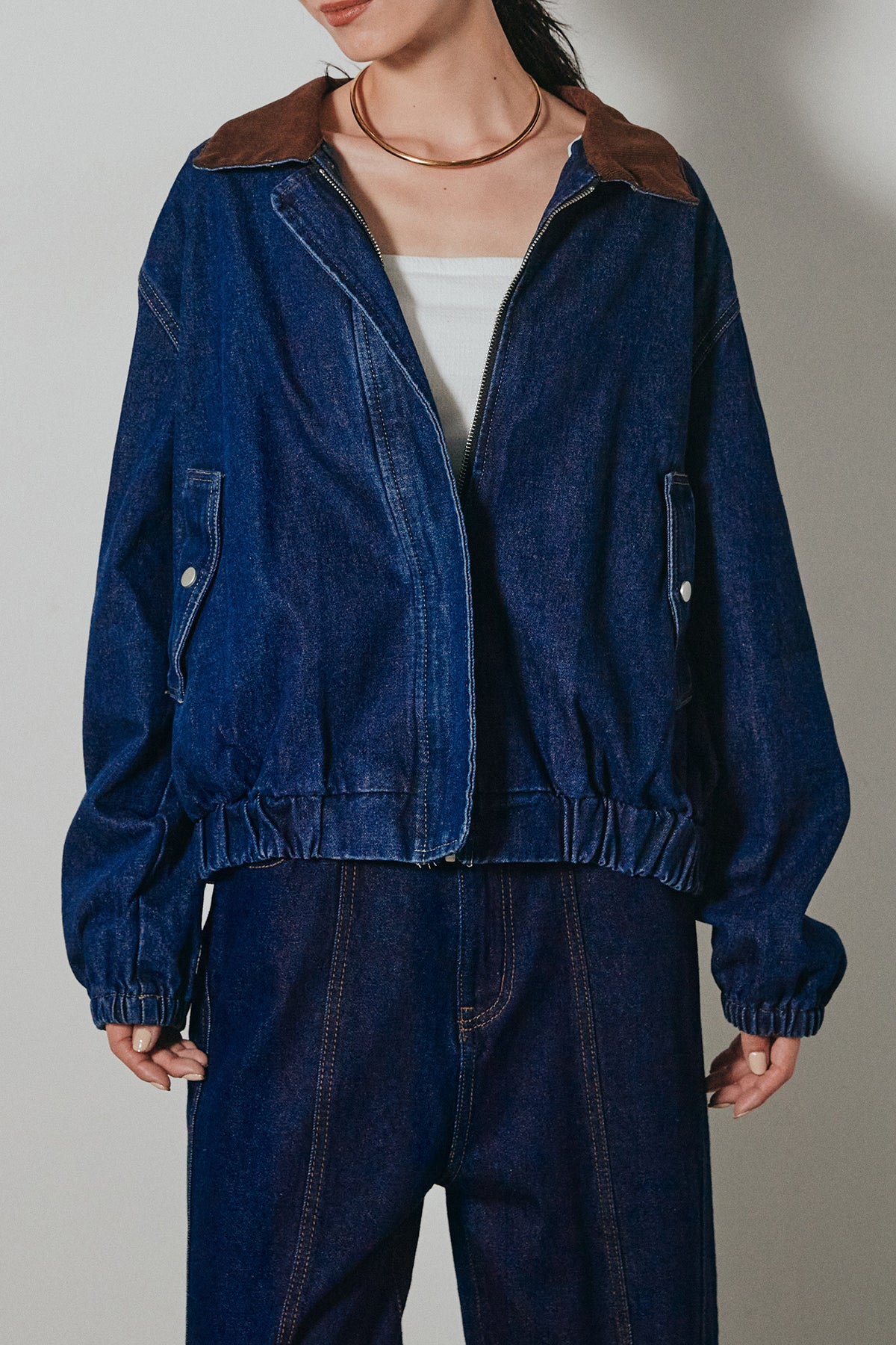 SET]コーデュロイ襟デニムブルゾン+フェイクスウェードタイトスカート