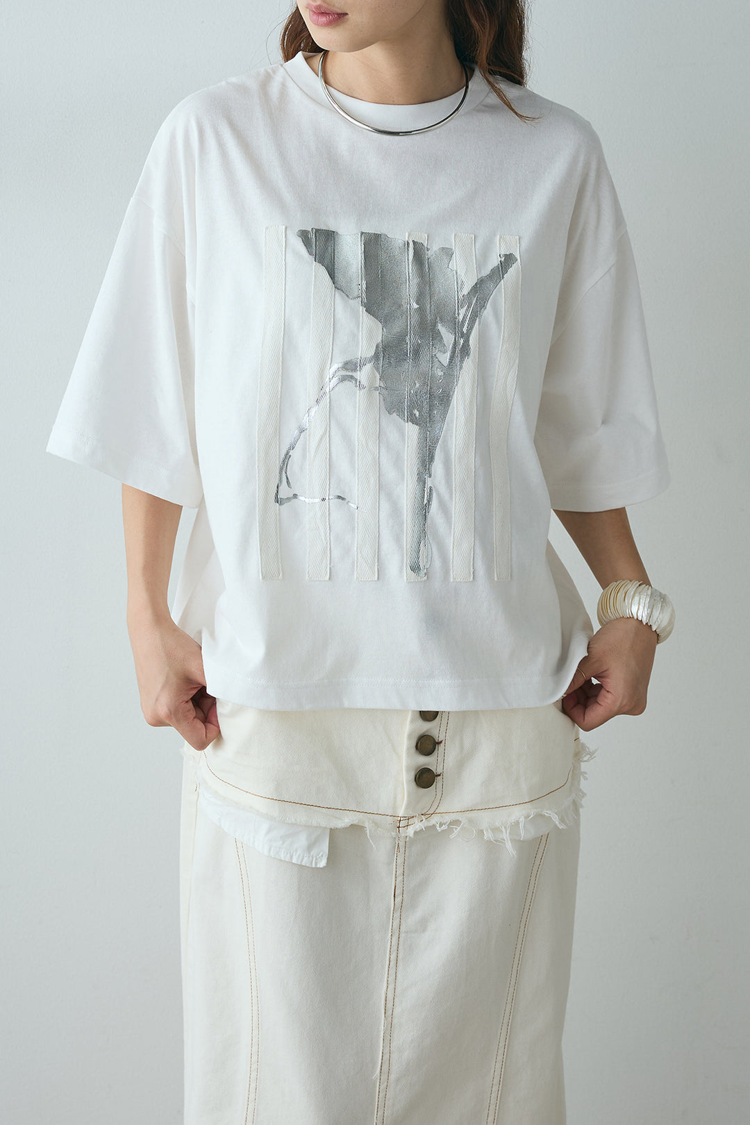 [SET]ニュアンス箔プリントTシャツ+レイヤードデザインワイドスカート(2set)