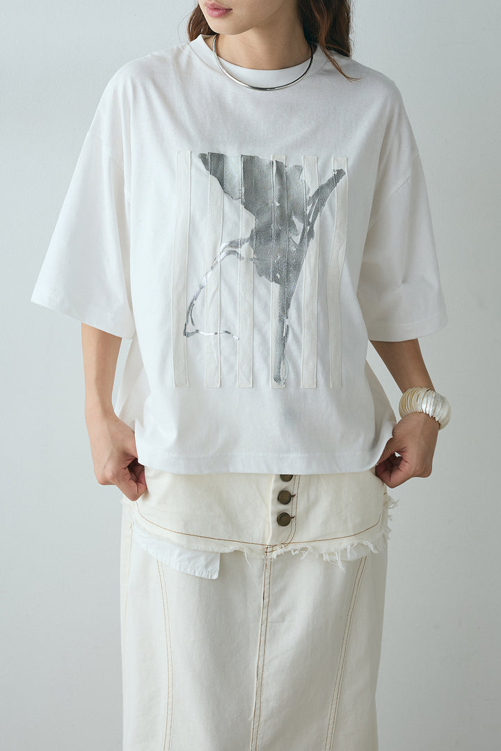 [SET]ニュアンス箔プリントTシャツ+斜めライン柄スカート(2set)