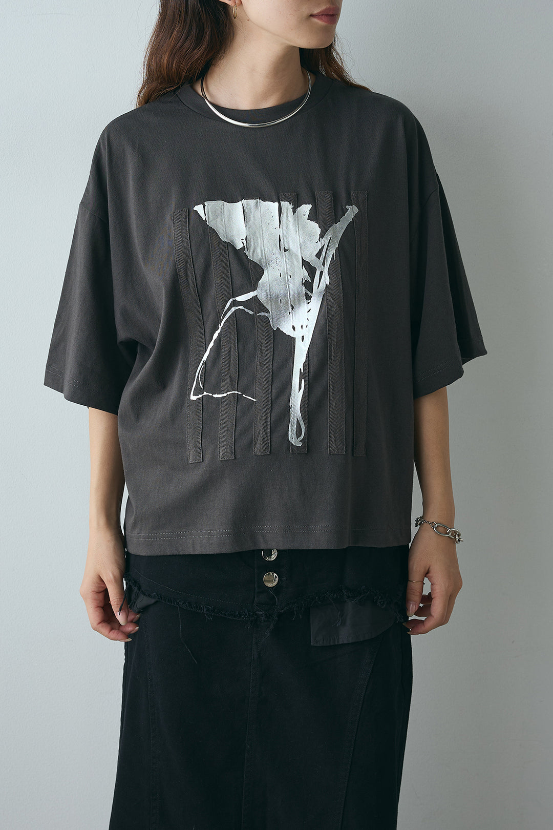 [SET]ニュアンス箔プリントTシャツ+レイヤードデザインワイドスカート(2set)