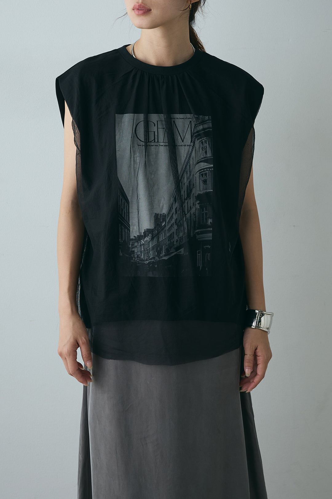 チュールレイヤードフォトプリントTシャツ