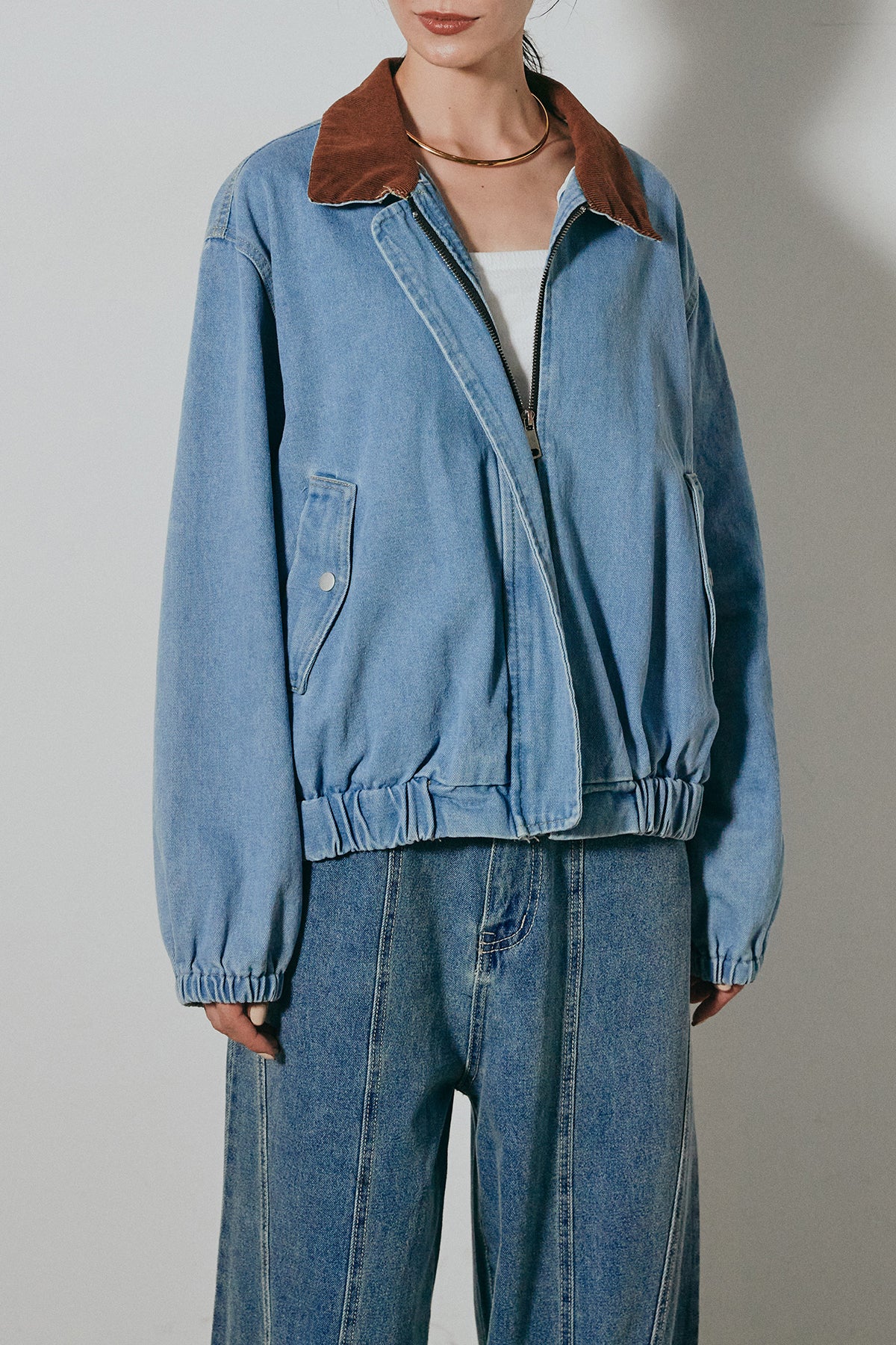 ［SET］コーデュロイ襟デニムブルゾン+フェイクスウェードタイトスカート SET]コーデュロイ襟デニムブルゾン+フェイクスウェードタイトスカート