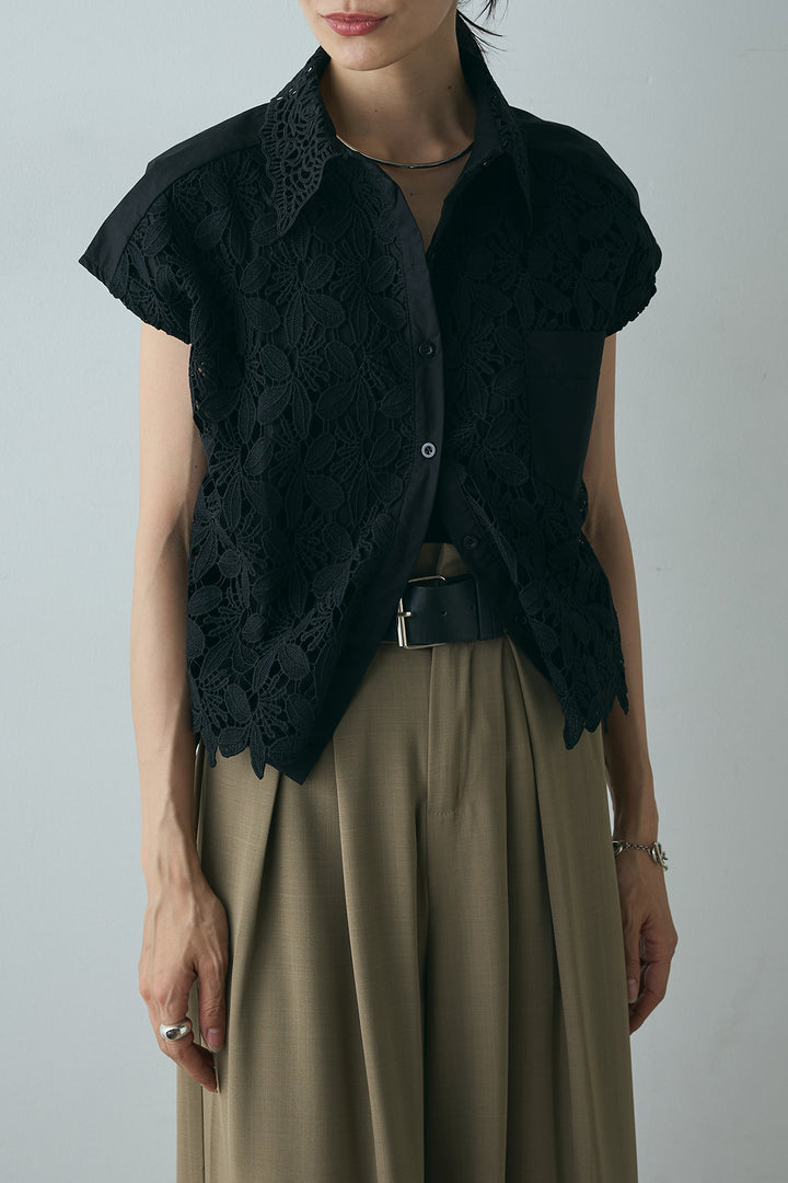 [SET]ノースリーブレース刺繍シャツ+デザインタックパンツ(2set)