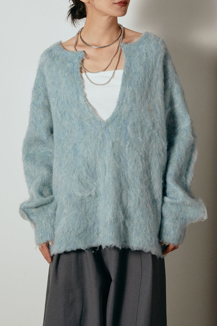[SET]ミックスシャギー深Vニット+太ベルト付きタックワイドパンツ(2set)