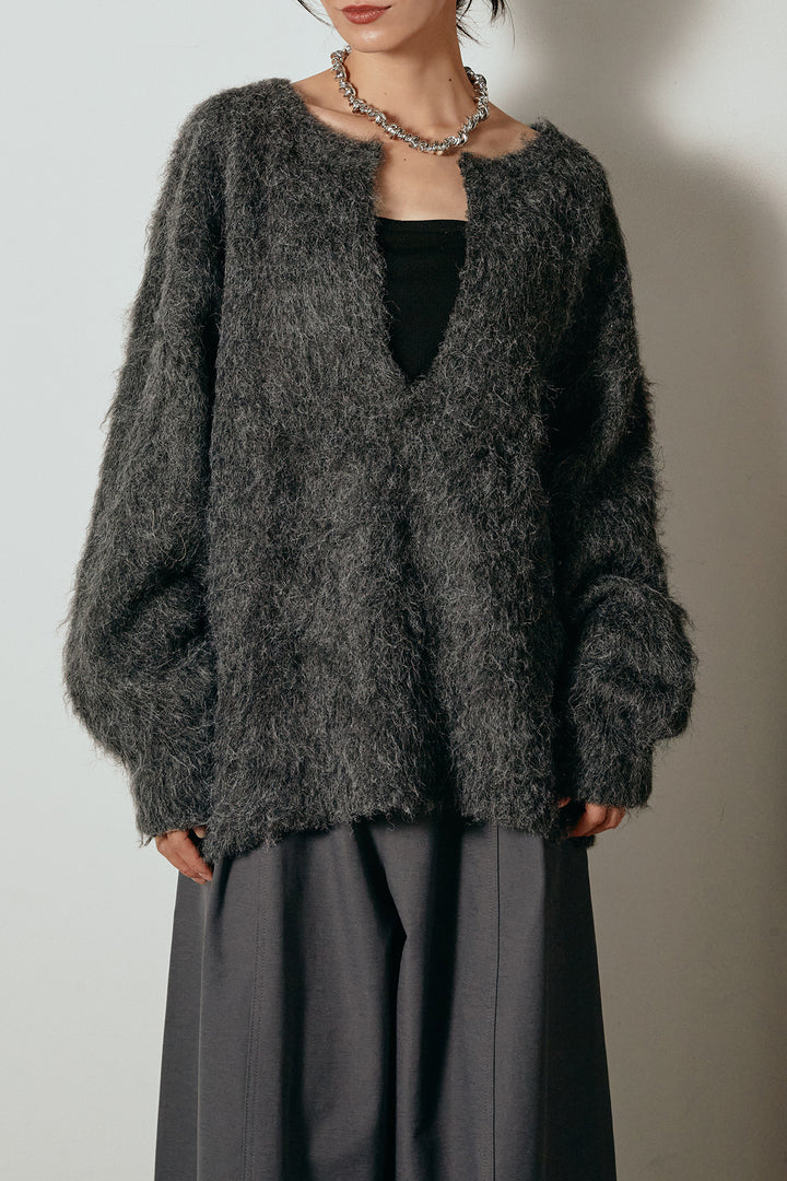 [SET]ミックスシャギー深Vニット+タック入りタータンチェックワイドパンツ(2set)