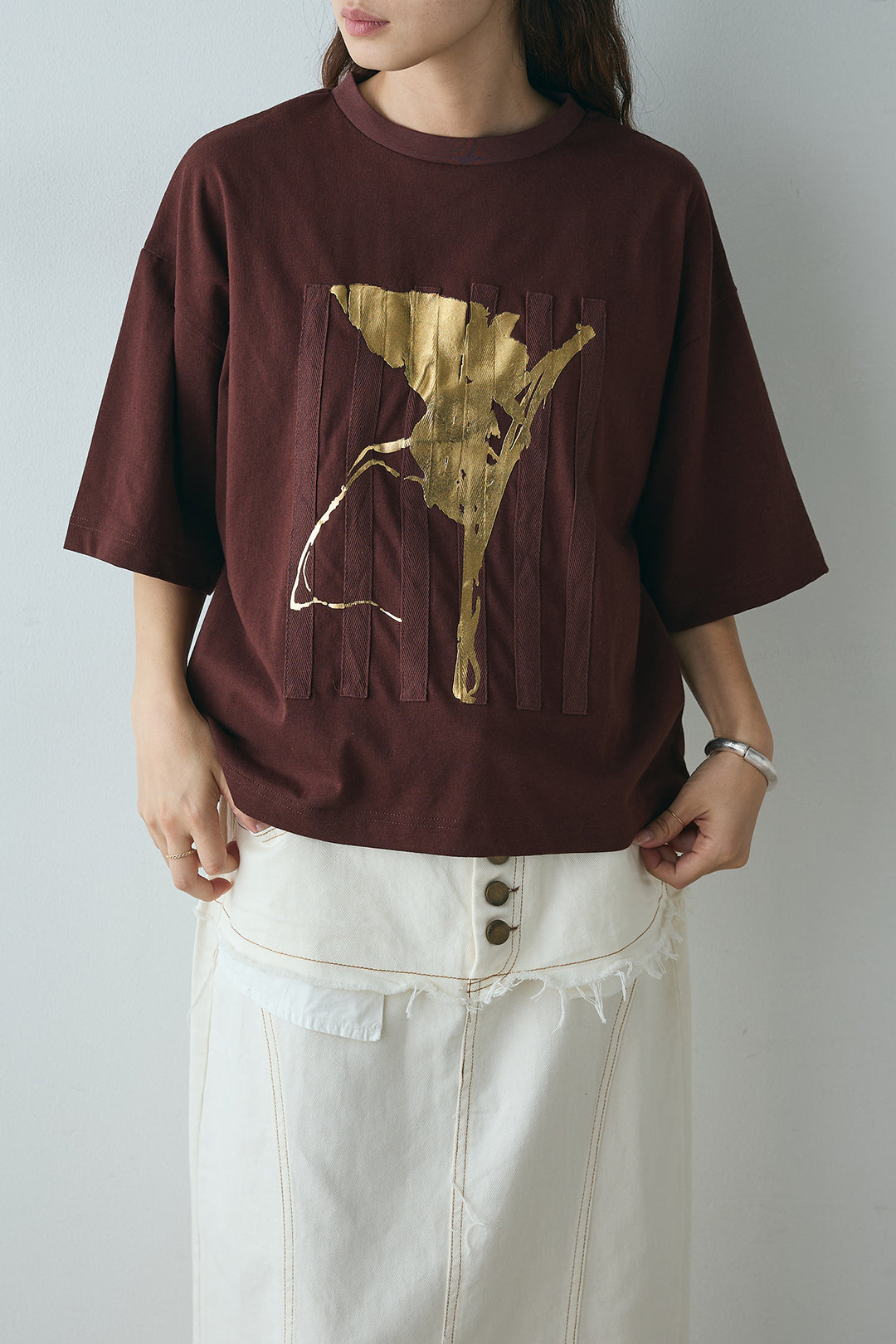 [SET]ニュアンス箔プリントTシャツ+レイヤードデザインワイドスカート(2set)