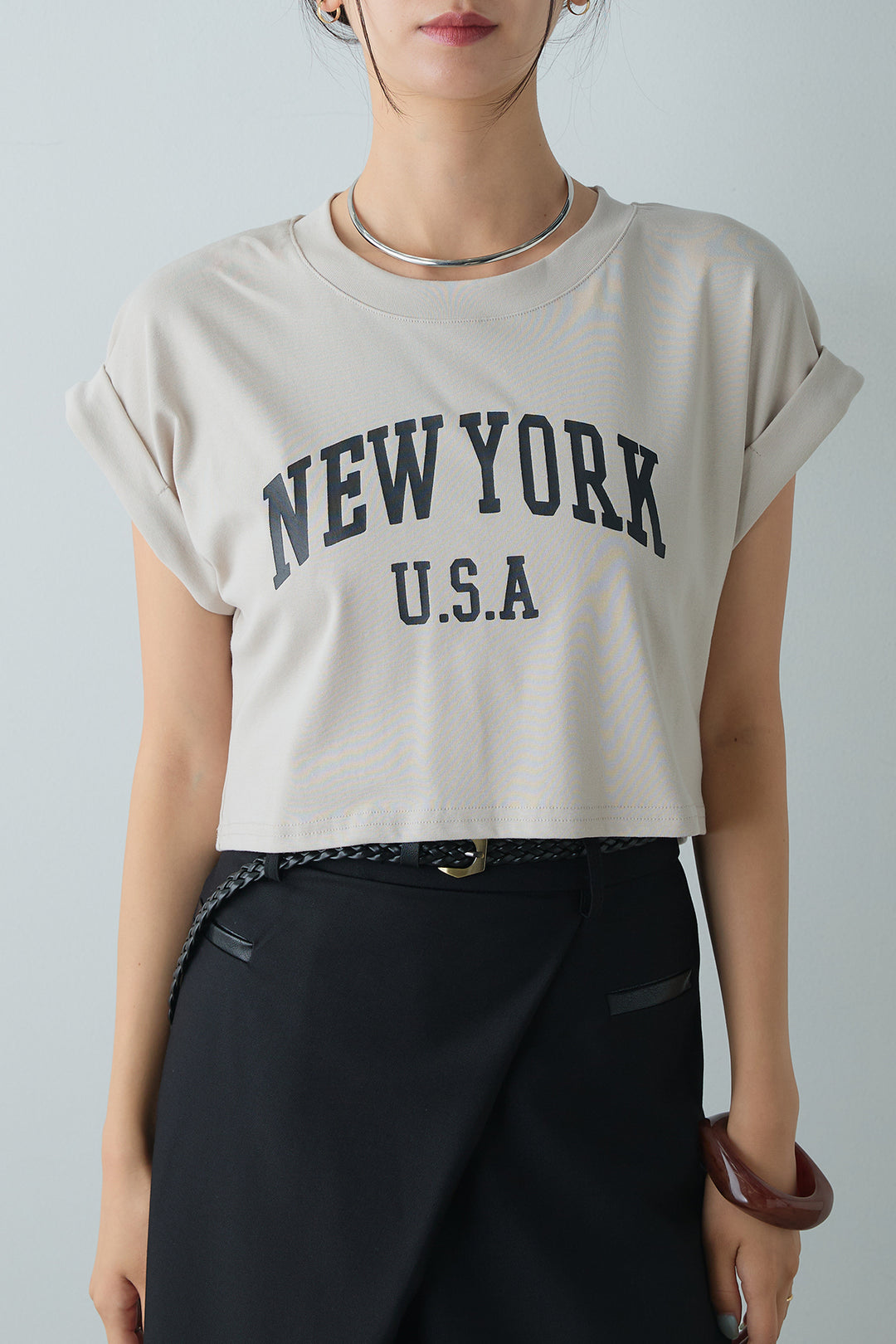 [着回しセット]ショート丈NEWYORKロゴTシャツ+ショート丈NEWYORKロゴTシャツ+ベルト付きクロスデザインパンツ(3set)