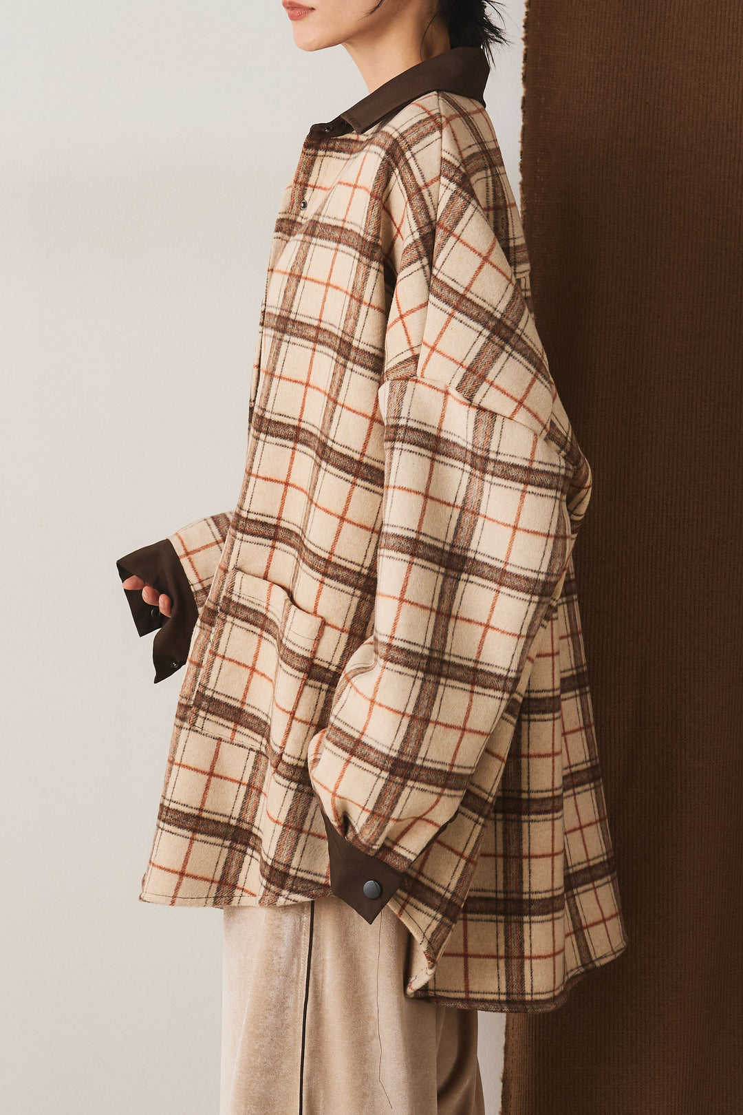【即納】マルチチェックミディアム丈コート/ベージュ