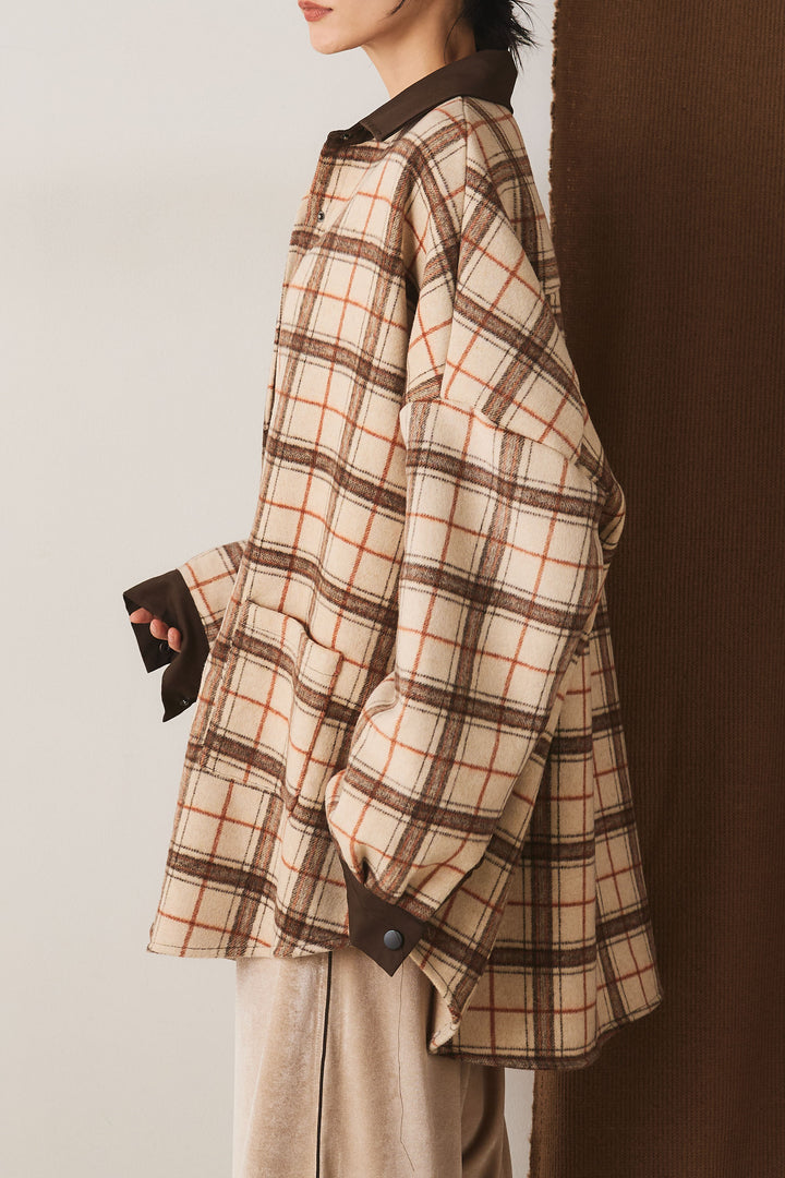 【即納】マルチチェックミディアム丈コート/ベージュ