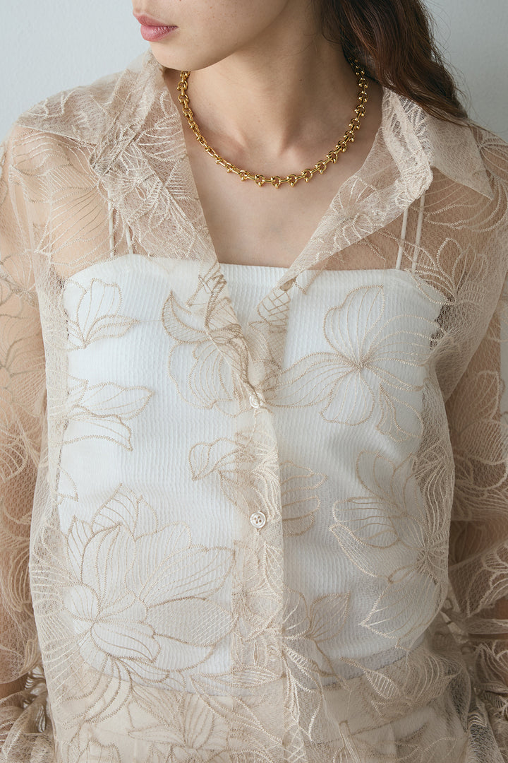 チュール花柄刺繍オーバーサイズシャツ