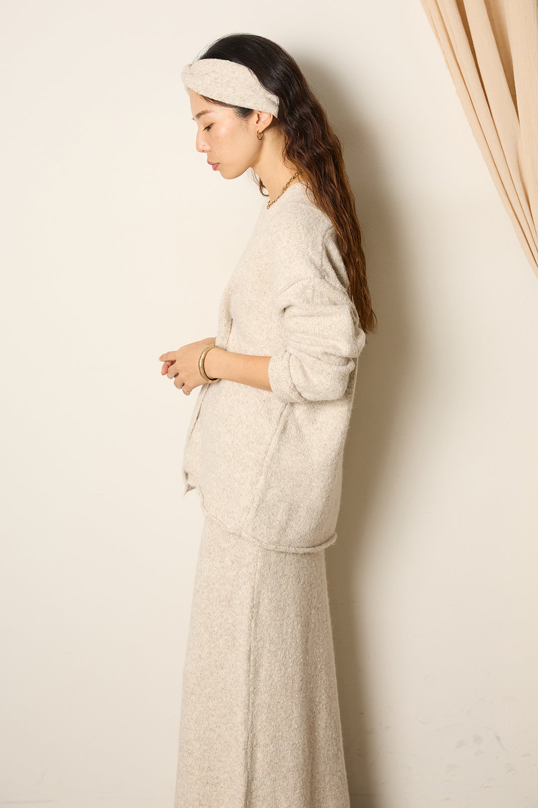 [SET]ヘアバンド付きクロスデザインミックスニットトップス+フェイクレザーベルト付き切り替えタータンチェックスカート(2set)