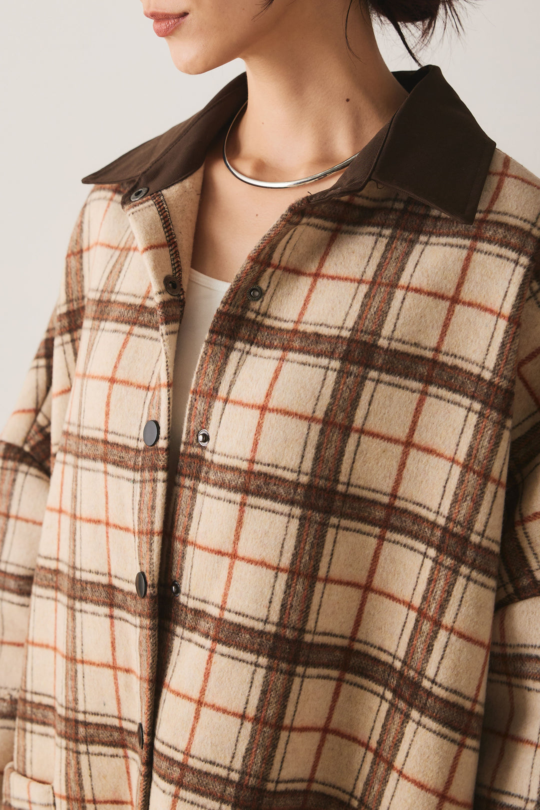 【即納】マルチチェックミディアム丈コート/ベージュ