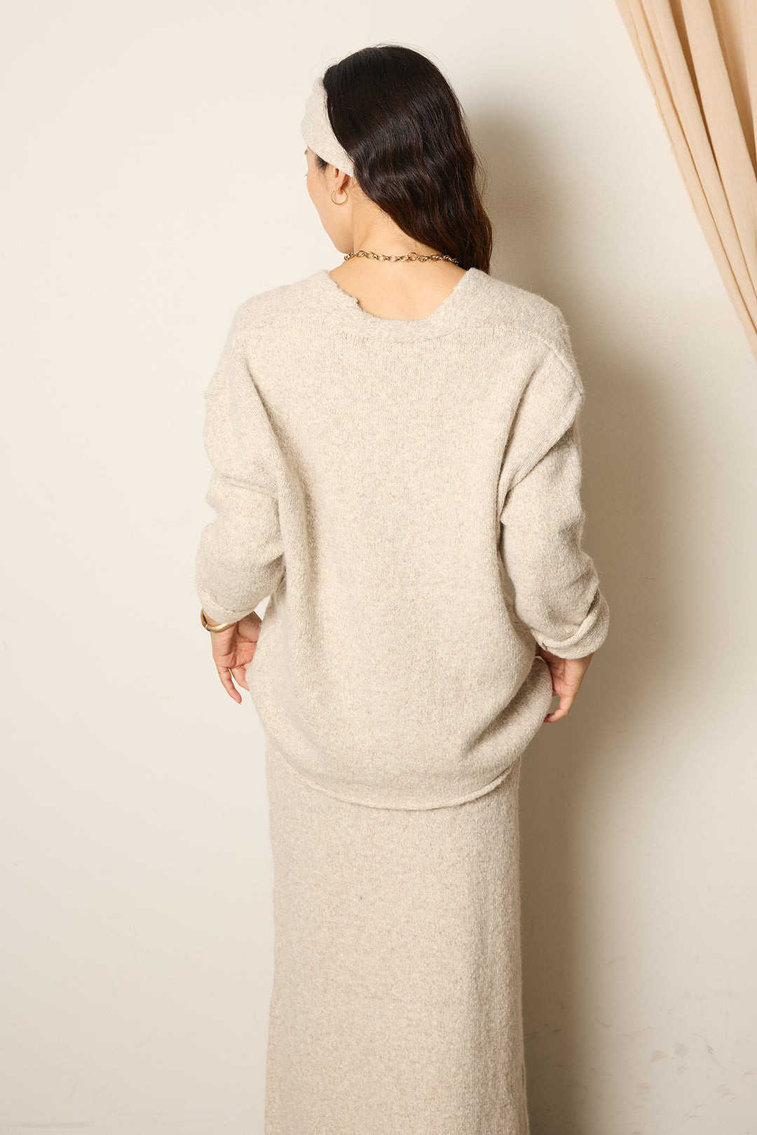 [SET]ヘアバンド付きクロスデザインミックスニットトップス+フェイクレザーウエスト折り返しデザインパンツ(2set)