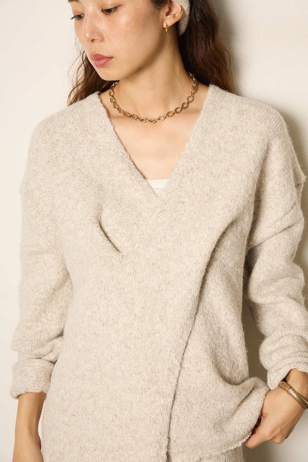 [SET]ヘアバンド付きクロスデザインミックスニットトップス+フェイクレザーウエスト折り返しデザインパンツ(2set)