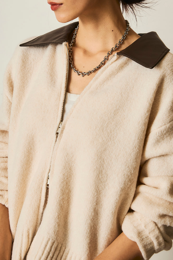 [SET]杢ストレッチフェイクレザー衿ニットブルゾン+フェイクレザー太ベルト付きタックデザインパンツ(2set)
