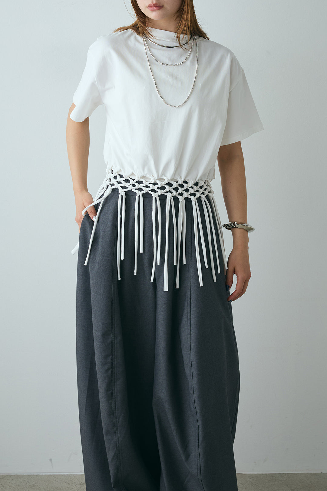 [SET]裾フリンジデザインTシャツ+ビッグシルエットワイドパンツ(2set)
