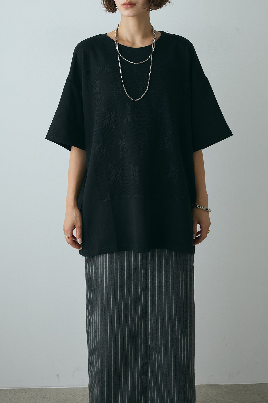 [SET]スクエアレース刺繍Tシャツ+ストライプストレートスカート(2set)