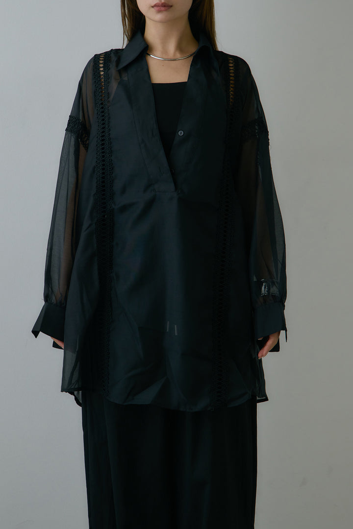 [SET]襟付き深Vネック刺繍シアーシャツ+ストレートデニムパンツ(2set)