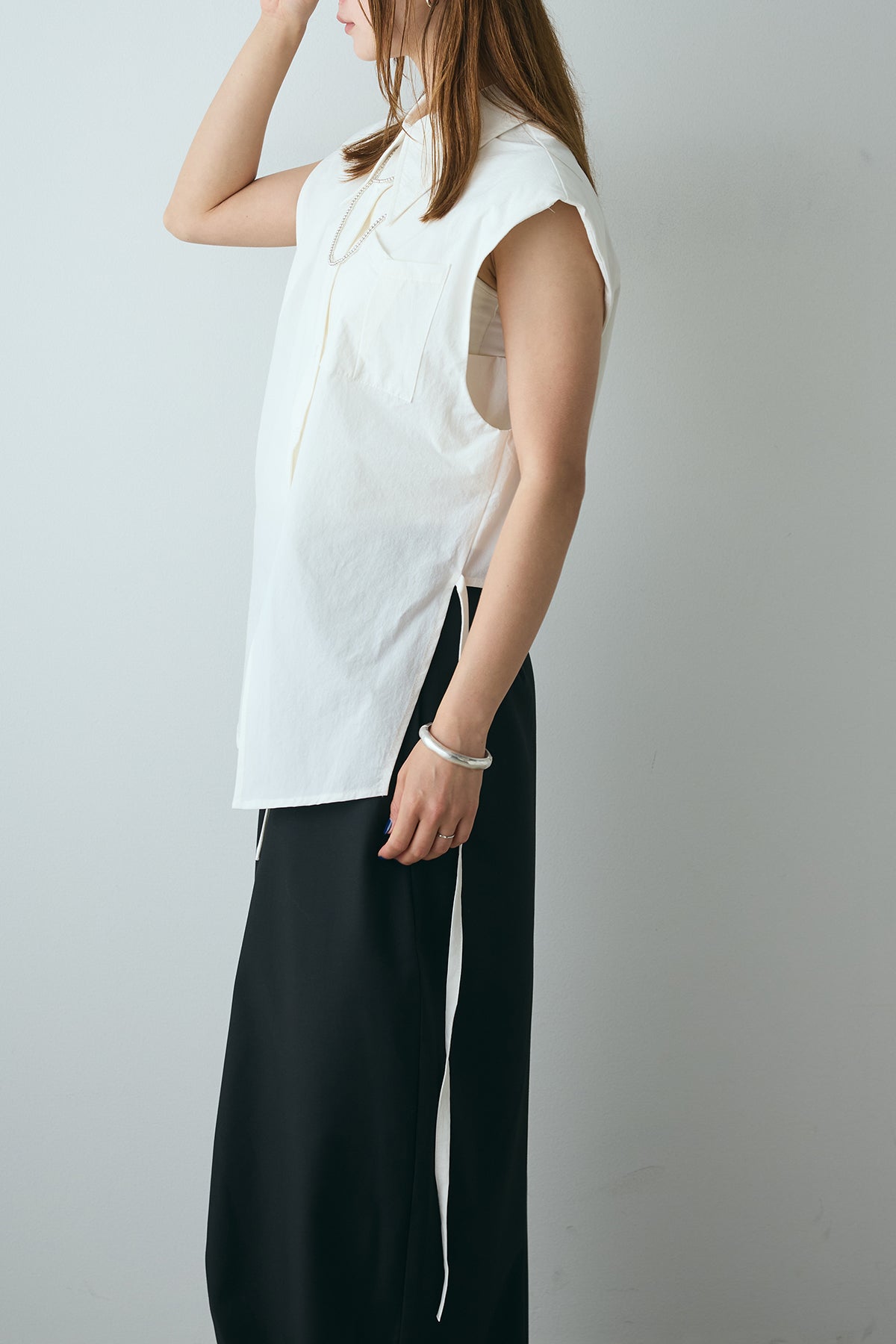 SET]ノースリーブ紐垂らしシャツ+ビッグシルエットワイドパンツ